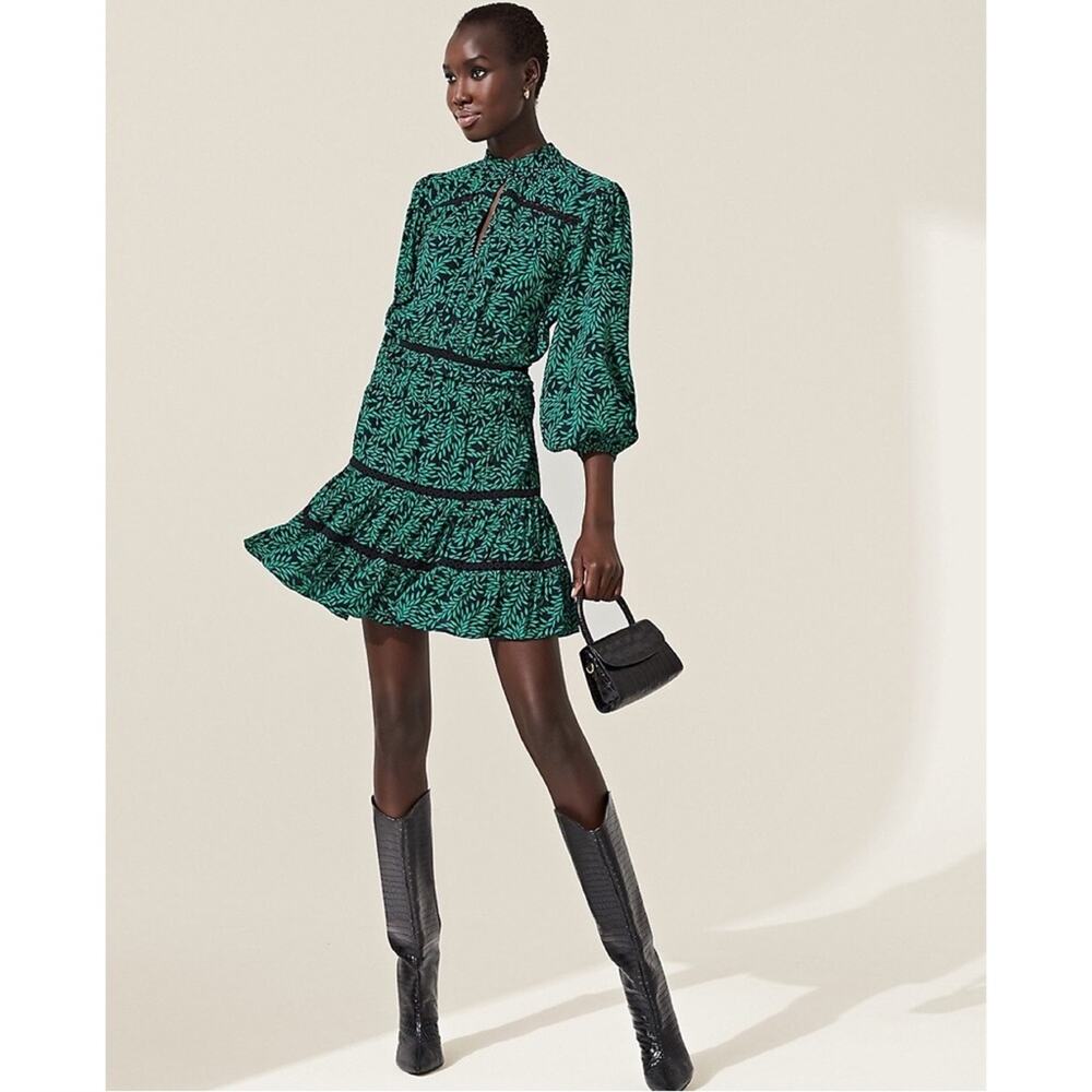 Joie Salama Puff Sleeve Leaf Print Crochet Trim Flared Mini Dress Black Green
